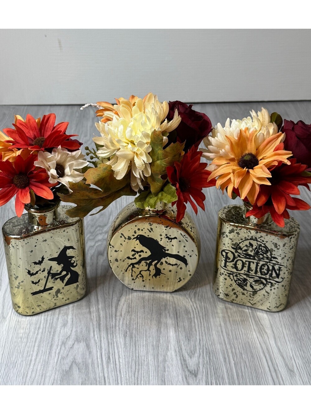 Set of 3 Halloween Glass Floral Vases Witch Raven Poison Decor